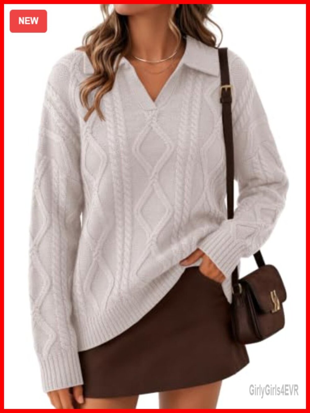 Womens Oversized Cable Knit V Neck Polo Pullover Sweater